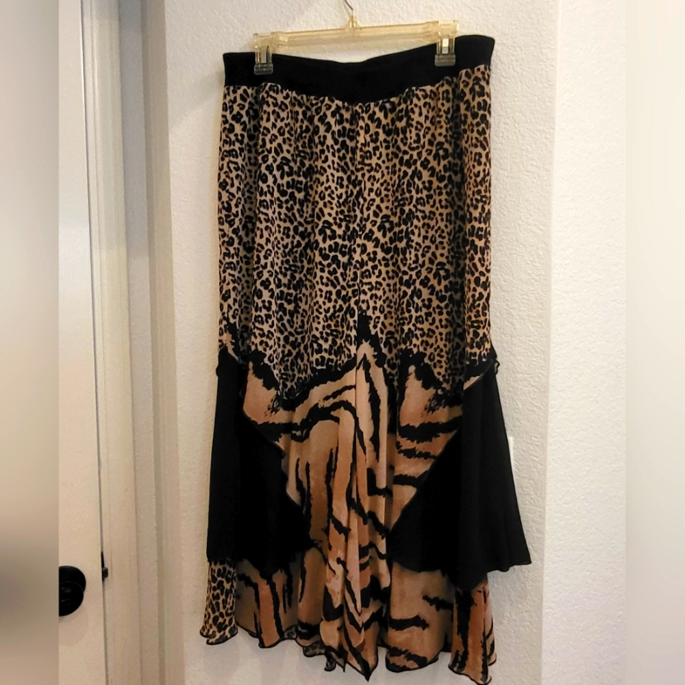 Midnight Velvet Black Brown Animal Print Gaucho Culotte Pants W Sheer Overlay